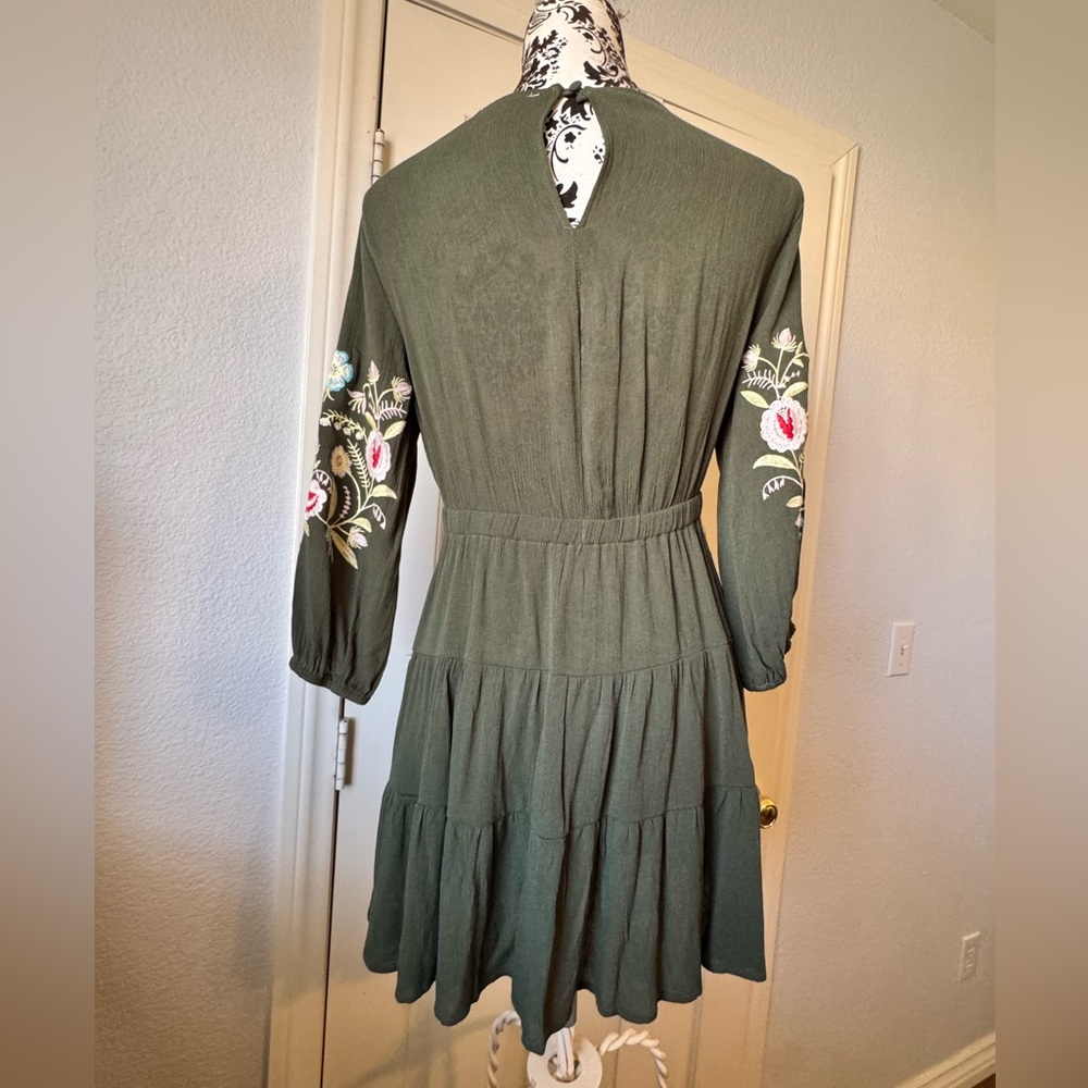 Francesca's Olive Green Embroidered V-Neck Tiered Dress - Picture 7 of 10